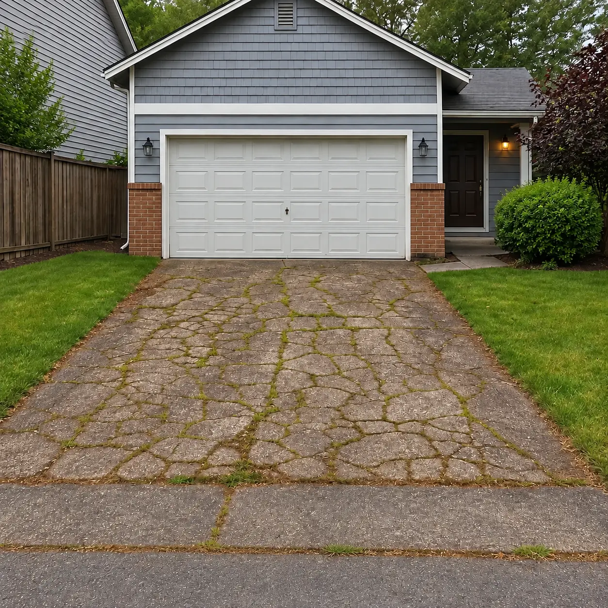 Cracked and uneven driveway pavers with grass growing through the joints in front of a two-car garage