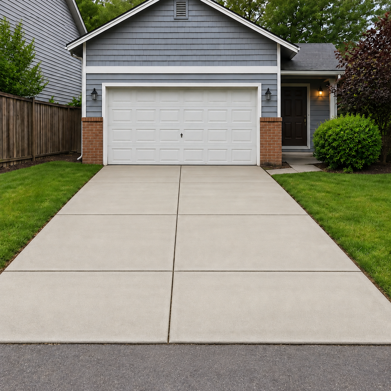 The same driveway replaced with a smooth new concrete slab, clean control joints and fresh edges