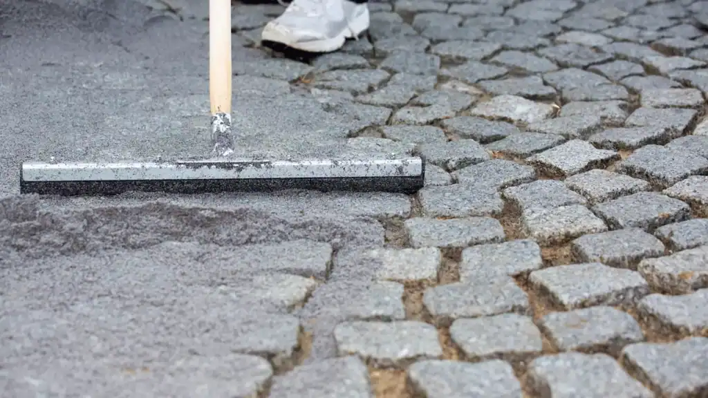 Finisher spreading a polymer resurfacing overlay across a prepared concrete slab