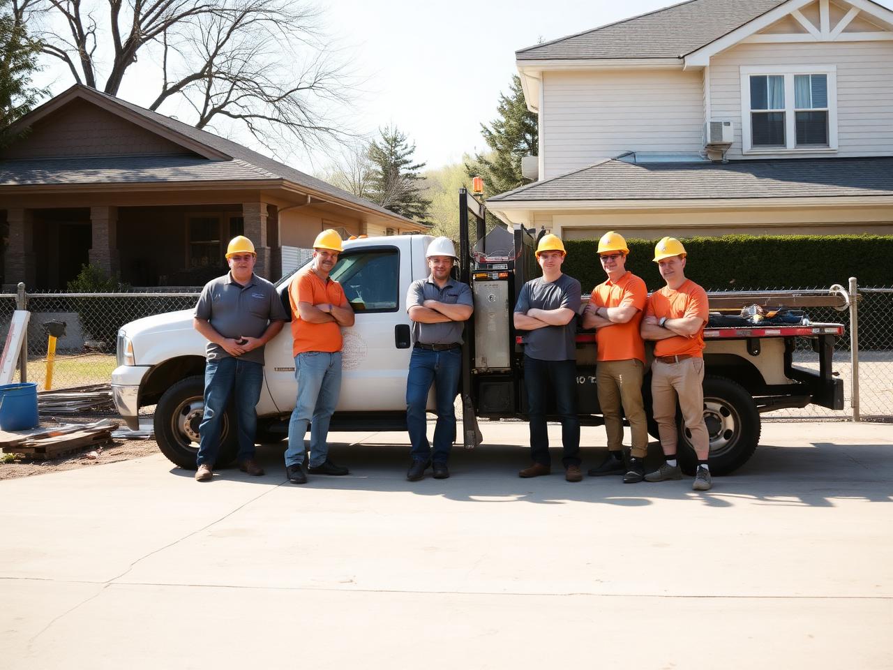 Concrete crew standing beside their work truck on a residential job site