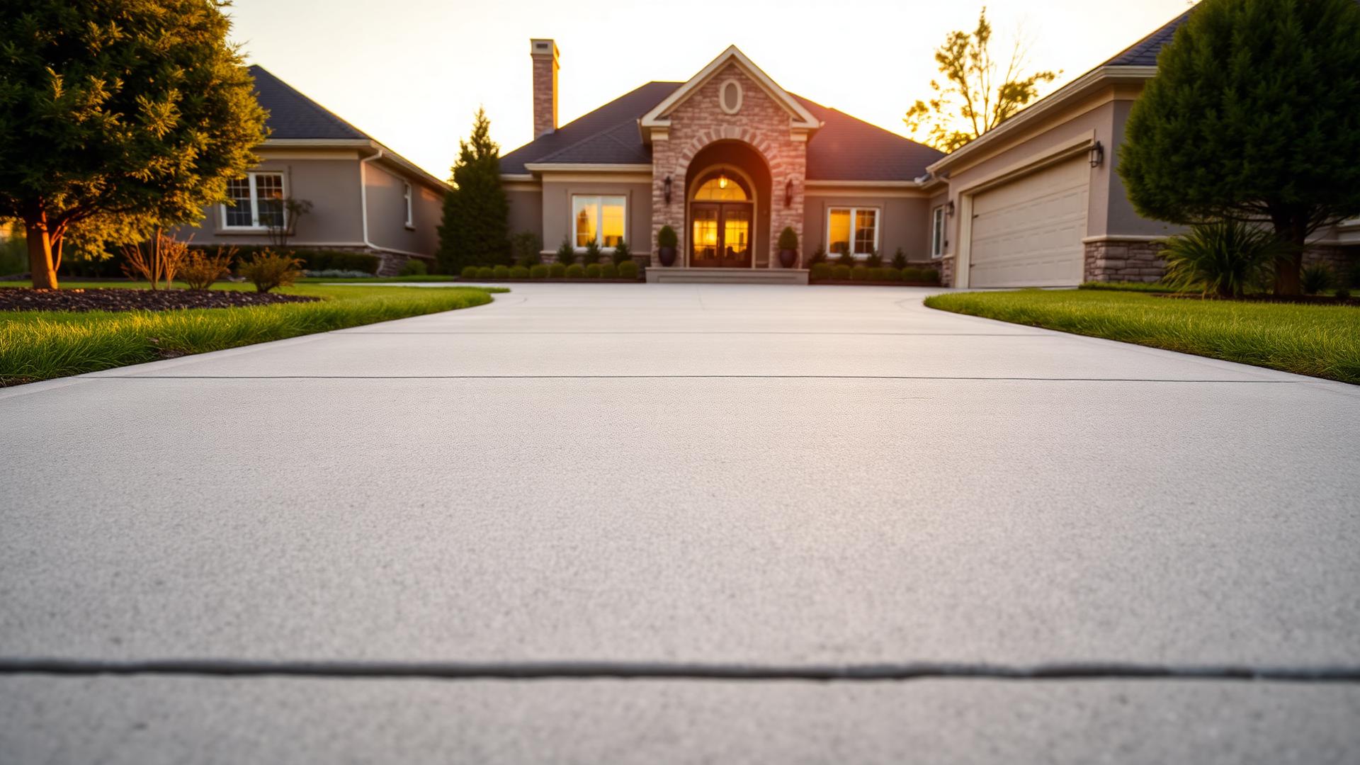Freshly finished concrete driveway leading to a home at golden hour