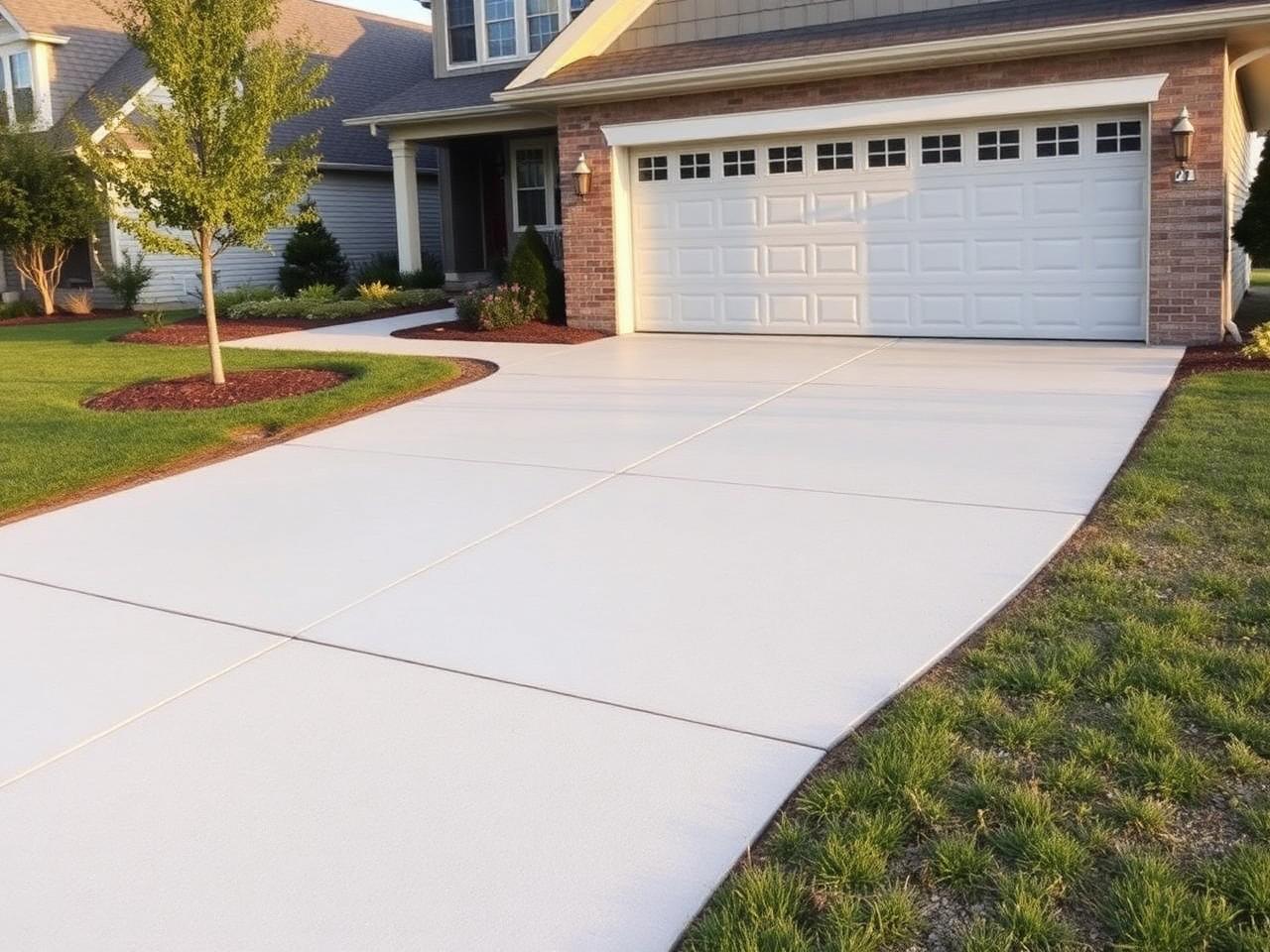 Replacement concrete driveway with clean saw-cut joints in front of a two-car garage