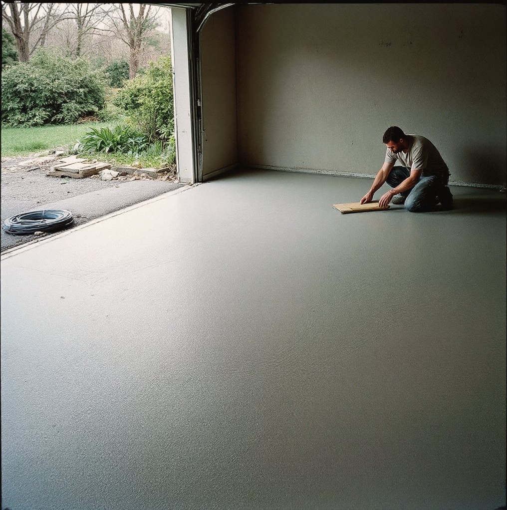 Worker applying a resurfacing overlay to a concrete garage floor