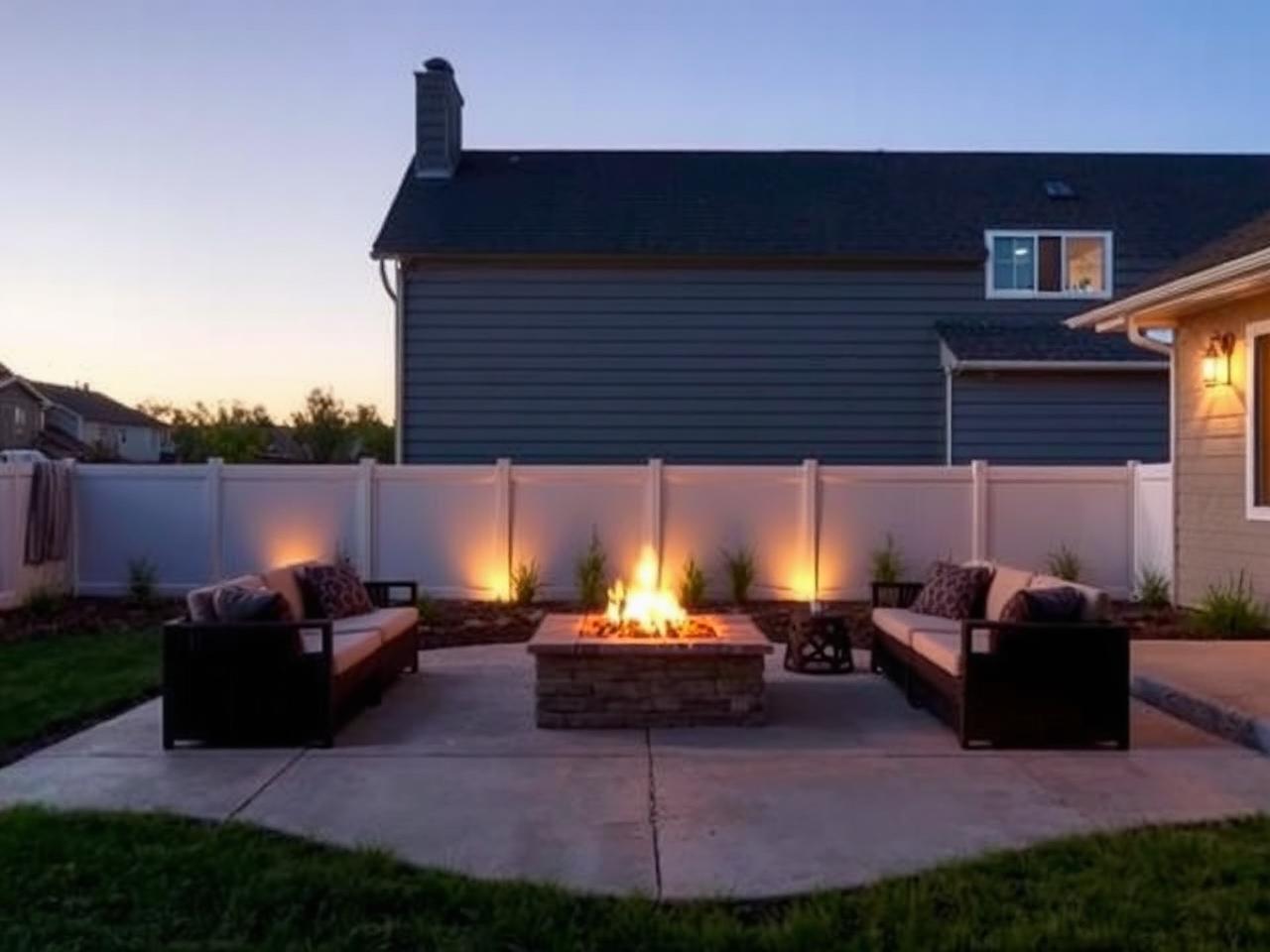 Concrete backyard patio with a fire pit and lounge seating at dusk