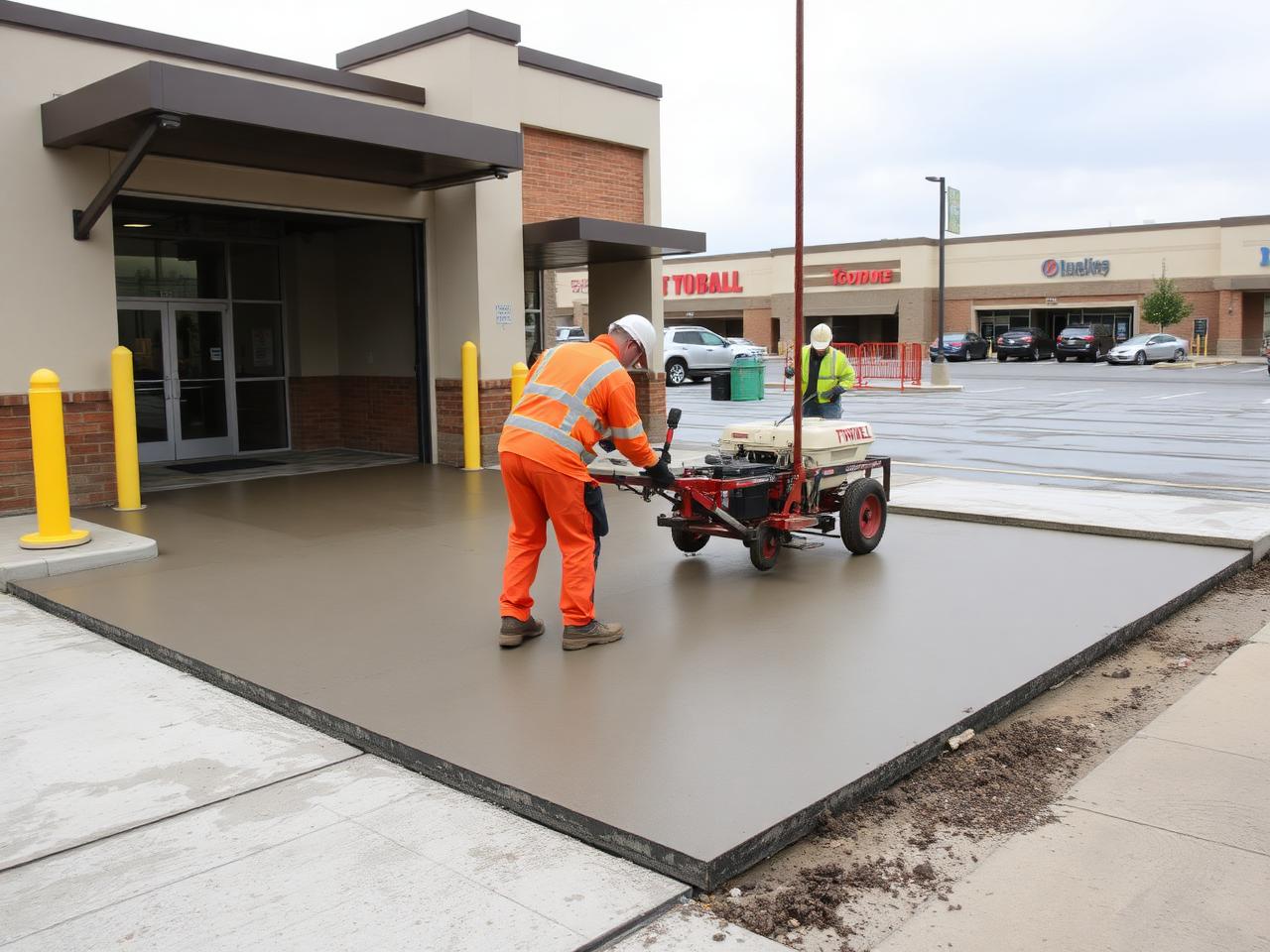 Commercial concrete apron being screeded at a retail loading area