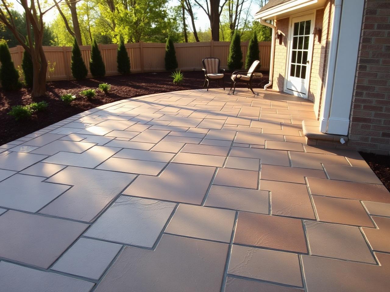 Stamped concrete patio with slate pattern and warm earth tones