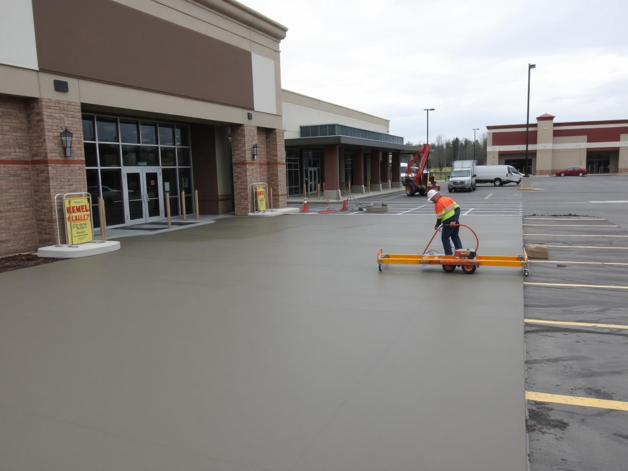 Crew screeding a large commercial concrete slab at a retail property loading area