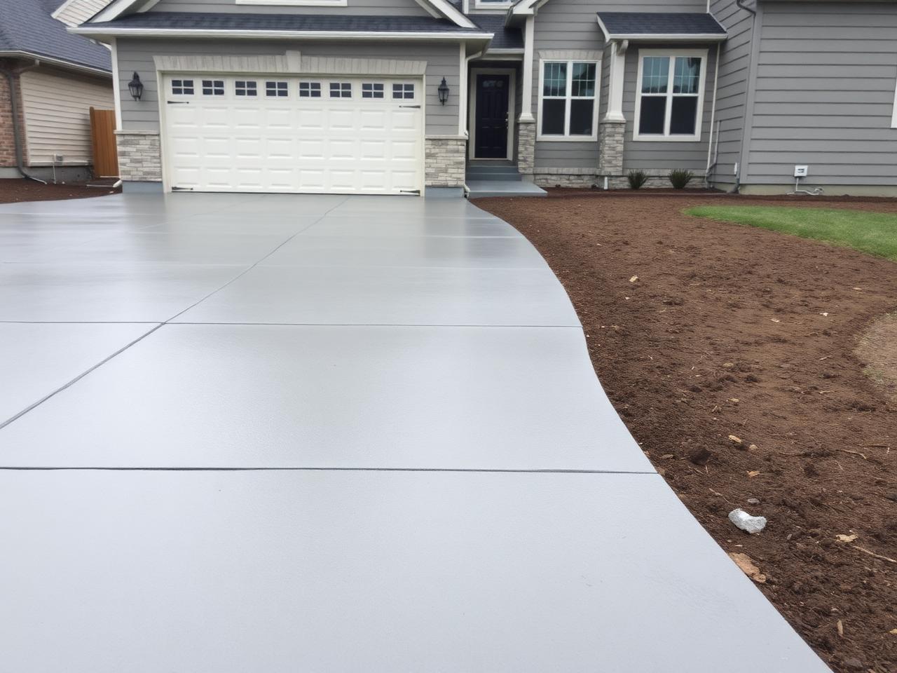 New broom-finished concrete driveway with saw-cut joints leading to a two-car garage