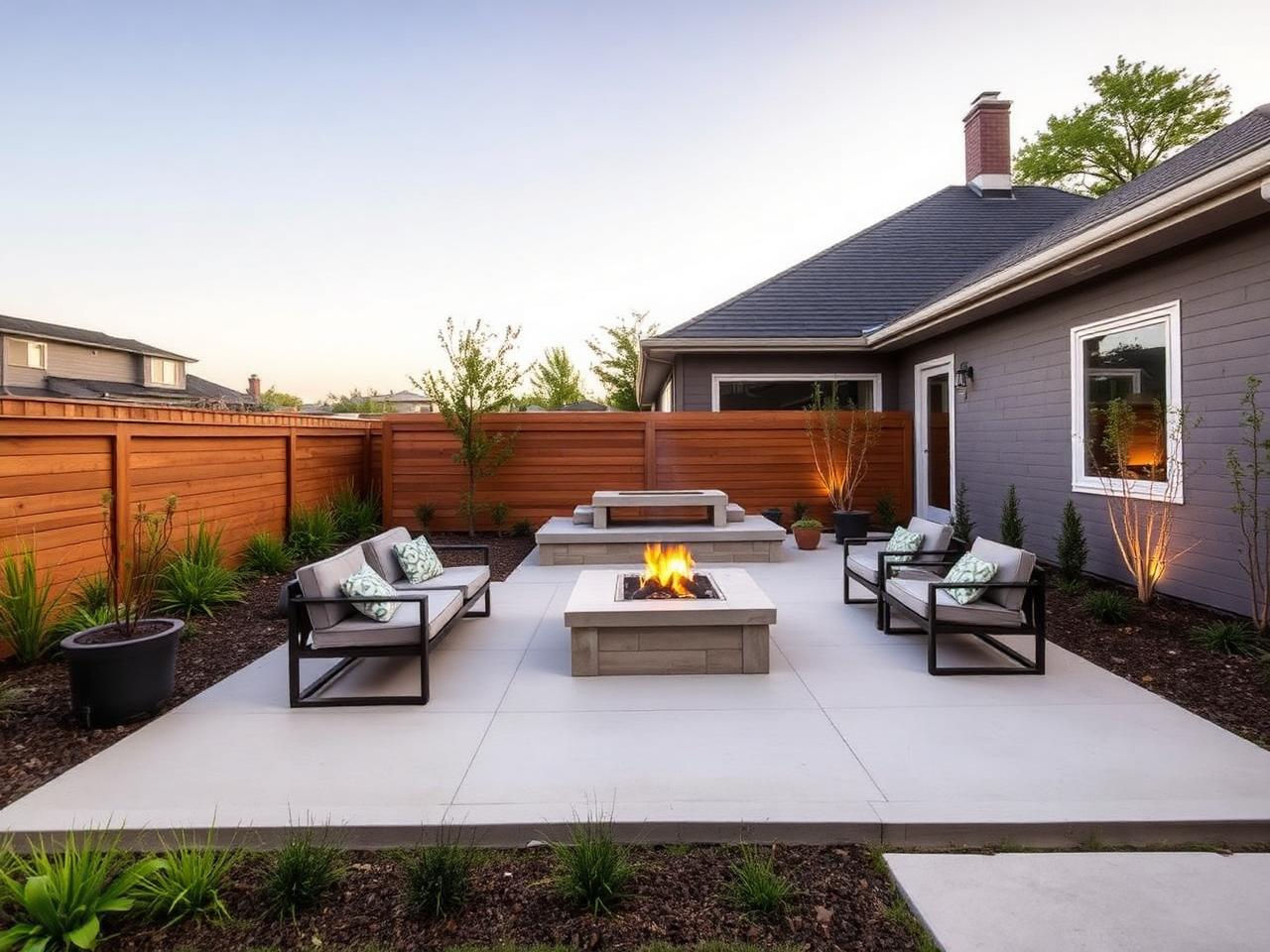 Modern concrete backyard patio with lounge seating around a fire feature at dusk