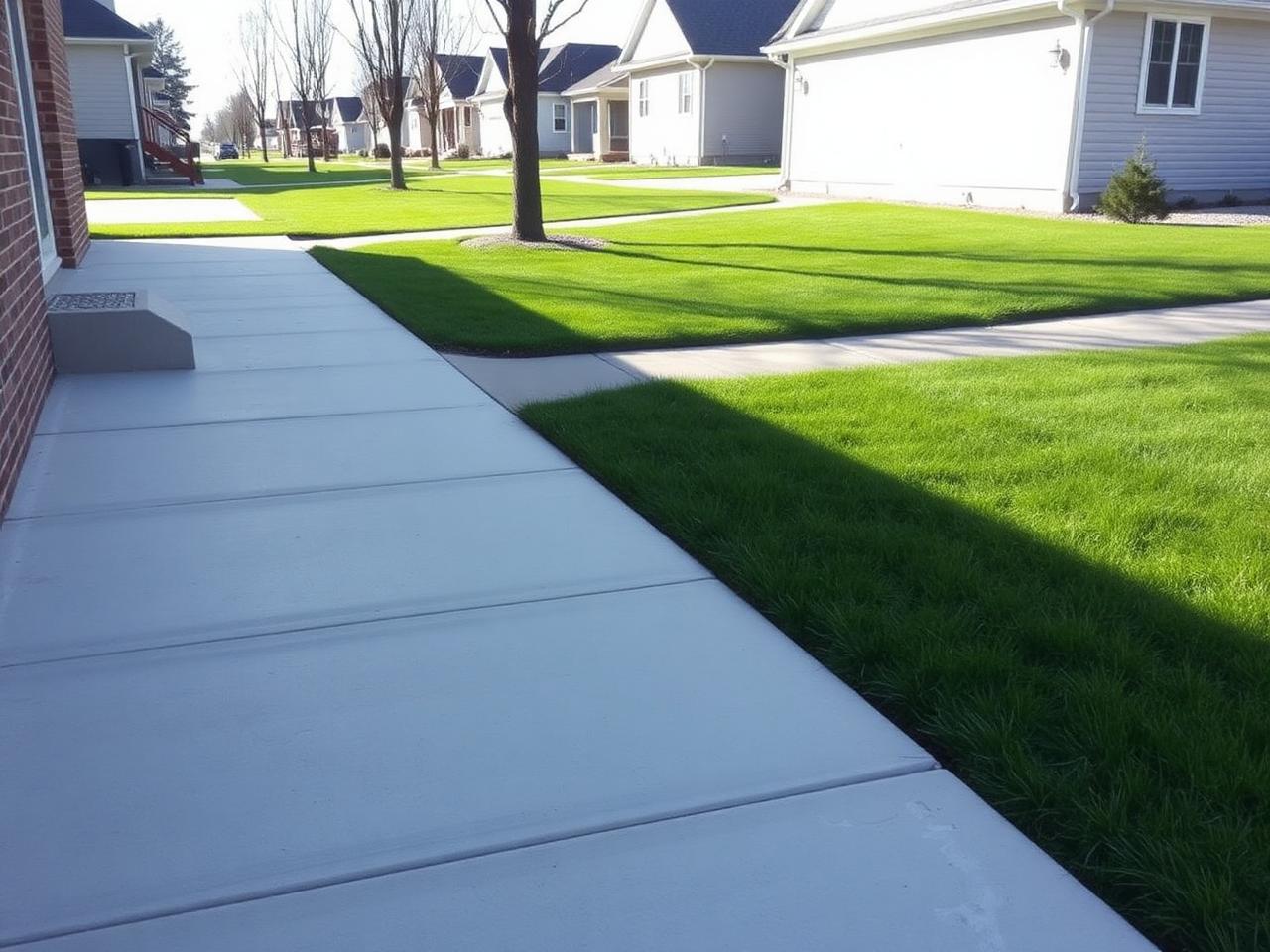 Newly poured concrete sidewalk with even panels running beside a green front lawn
