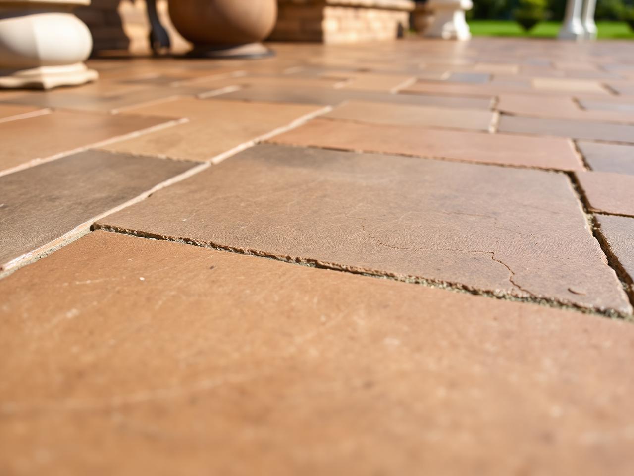 Stamped concrete patio with a warm earth-toned slate pattern in raking afternoon light